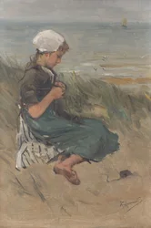 Fille tricotant dans les dunes