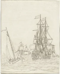 Un navire de guerre et trois voiliers en pleine mer