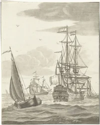 Un navire de guerre et trois voiliers en pleine mer