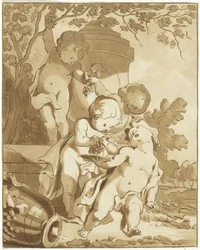 Quatre putti cueillant du raisin près d