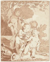 Quatre putti cueillant du raisin près d