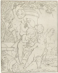 Quatre putti cueillant du raisin près d