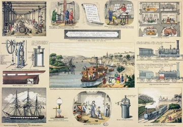 Histoire de la vapeur, illustration pour un manuel éducatif, milieu du XIXe siècle