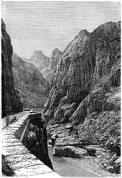 Vue prise sur la route de caravane Shabet el Akra, Algérie, vers 1890
