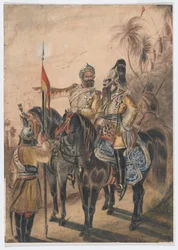 Deux officiers montés et un sowar démonté, 4ème cavalerie irrégulière du Bengale, vers 1850