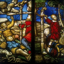 Le serpent de bronze (vitraux attribués à Dirck Crabeth), David et Golia (par Biagio Arcimboldi), Musée de la cathédrale, Milan