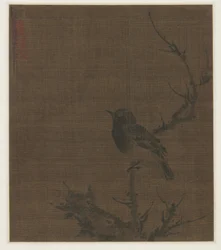 Oiseau endormi sur une branche de prunus, 1400s