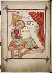 Cotton Nero D. IV, f.25v Saint Matthieu, écrivant, avec son symbole, des Évangiles de Lindisfarne, 710-721