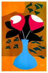Fleurs rouges, vase bleu
