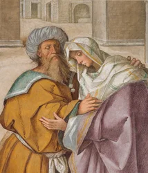 Nef centrale, Première travée nord, Rencontre de Saint Joachim et Sainte Anne à la Porta Aurea, Boccaccio Boccaccino 1514-15, (détail)