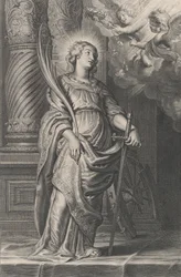 Sainte Catherine tenant des feuilles de palmier et une épée, deux putti au-dessus tenant une couronne de laurier..., ca. 1625-59