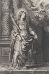 Sainte Catherine tenant des feuilles de palmier et une épée, deux putti au-dessus tenant une couronne de laurier..., vers 1625-59