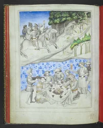 Add 24189, f.5v, Récréation à Chypre avec, au-dessus, une chasse au cerf utilisant des léopards et, en dessous, un festin, du 