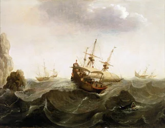 Un navire marchand néerlandais vers les Indes orientales laisse passer deux bateaux de pêche au hareng