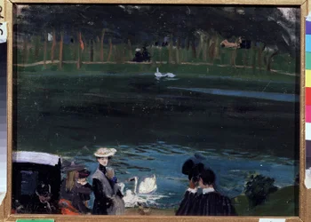 Bois de Boulogne. Le lac avec des cygnes et des promeneurs