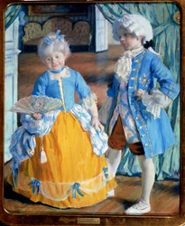 Enfants en costume rococo. Le garçon porte des bas et une perruque, la fillette tient un éventail de dentelle.