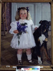 Portrait de la fille Irina avec le chien Shumka