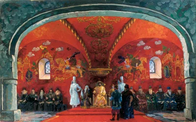 Représentation de Boris Fiodorovitch Godounov (1551-1605), Tsar de Russie, décor pour la pièce de théâtre Boris Godounov d