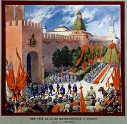 Une célébration de la Troisième Internationale à Moscou. La Troisième Internationale (ou Komintern ou Internationale communiste) fut fondée le 2/03/1919. Dessin de Boris Zvorykin (1872-1935). Institut d