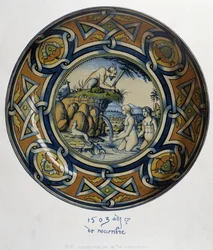 Actéon surprenant Artémis (Diane) au bain - dans "Collection de faïences italiennes des XVe, XVIe et XVIIIe siècles", conçu par C. Delange et C. Borneman, éd. Delange, Paris