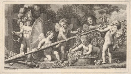 Six putti jouant avec les armes de Mars, quatre tenant une grande lance