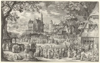Fête paysanne devant la balance sur la place du village