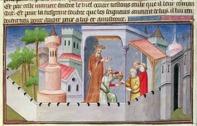 Ms Fr 2810 f.17, Hassan i Sabbah dirigeant les initiations à Alamut et donnant à ses disciples du vin drogué, tiré des «Livres des Merveilles du Monde», vers 1410-12