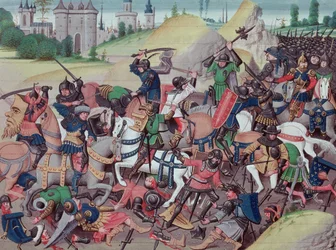 Ms 5089-90 Bataille entre Sarrasins et chrétiens pendant les croisades, tirée des Chroniques des empereurs de David Aubert, 1462