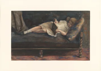 Fille lisant, allongée sur un banc