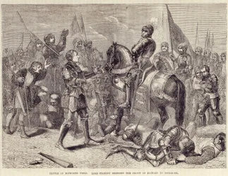 Bataille de Bosworth Field. Lord Stanley apportant la couronne de Richard III à Richmond (1485) : fin de la guerre des Deux Roses - dans « Cassell