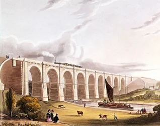 Révolution industrielle : vue du viaduc ferroviaire traversant la vallée de Sankey. Planche tirée de « Liverpool & Manchester Railway », Londres 1832.
