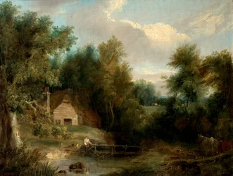 Paysage, Cottage et un Ruisseau avec une Figure et une Maison
