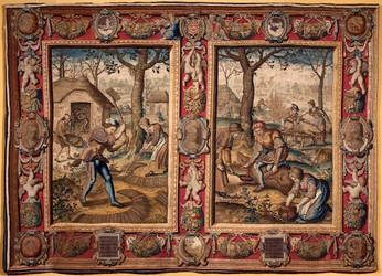 Novembre et décembre : travaux agricoles et abattage de porcs. Tapisserie des manufactures de Mortlake. 17ème siècle, Gênes, Musei di Strada Nuova