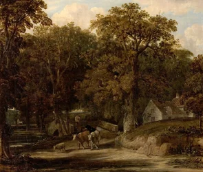 Scène boisée avec pont et bétail