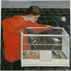 Silvia Koller avec une cage à oiseaux (huile sur toile)