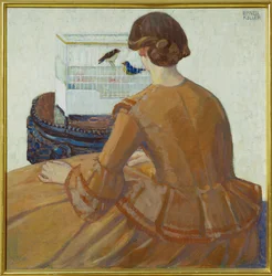 Jeune femme devant une cage à oiseaux (huile sur toile)
