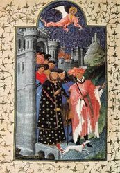Le duc Jean de Berry (1340-1416) et son administrateur de biens. Miniature de Jean Limbourg (1370-1416) pour "Les Très Riches Heures du Duc de Berry" Vers 1440 Paris. B.N.