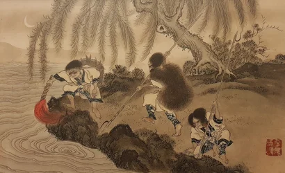 Pêche avec une torche allumée. De la série Les Aïnous