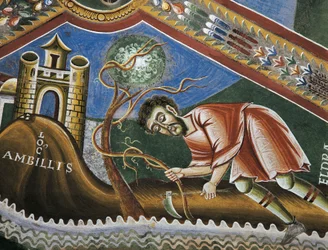 Eldrad labourant le sol à Ambilly, Provence, détail des Histoires de la vie de Saint Eldrad, fresques romanes de style byzantin, fin du 11e siècle, Chapelle de Saint Eldrad et Saint Nicolas, Abbaye de Novalesa, Piémont, Italie