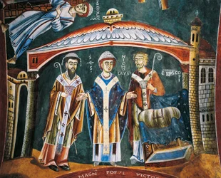 Saint Nicolas consacré évêque de Myre, détail des Histoires de Saint Nicolas, fresque romane, style byzantin, fin du XIe siècle, Chapelle de Saint Eldrad et Saint Nicolas, Abbaye de Novalesa, Piémont, Italie