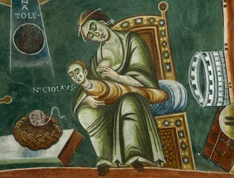 Saint Nicolas refusant le lait de sa mère, tiré des Histoires de la vie de saint Nicolas, détail de fresques romanes de style byzantin, fin du XIe siècle, chapelle de saint Eldrad et de saint Nicolas, abbaye de Novalèse, Piémont, Italie