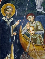 Saint Nicolas sauvant des pèlerins du naufrage, détail des Histoires de Saint Nicolas, fresque romane, style byzantin, fin du XIe siècle, Chapelle de Saint Eldrad et Saint Nicolas, Abbaye de Novalesa, Piémont, Italie