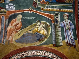 Saint Nicolas sauvant un riche marchand tombé dans la pauvreté et payant la dot de ses filles, détail des Histoires de Saint Nicolas, fresque romane, style byzantin, fin XIe siècle, Chapelle de Saint Eldrad et Saint Nicolas, Abbaye de Novalesa, Piémont, It