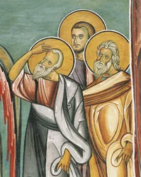 Trois personnes dans une église, Panagia tou Araka, byzantine, montagnes Troodos, Chypre