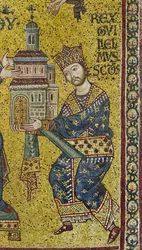 Transept : la mosaïque byzantine qui représente le roi Guillaume II offrant la cathédrale à la Vierge Marie (détail)