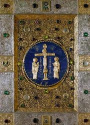 Icône représentant le Christ en croix entre la Vierge et Saint Jean-Baptiste avec des médaillons des Quatre Évangélistes