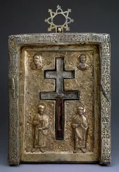 Staurothèque en argent doré, reliquaire de croix, byzantin, 12ème siècle