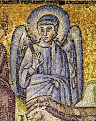 Ange avec auréole et bras droit levé, VIe siècle (mosaïque)