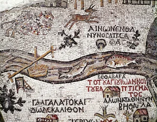 Art byzantin : la plus ancienne carte de Palestine. Détail représentant le Jourdain et son embouchure dans la mer Morte. Mosaïque du VIe siècle. Madaba, église Saint-Georges