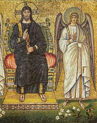 Christ Juge trônant avec un ange à ses côtés, détail, VIe siècle (mosaïque)